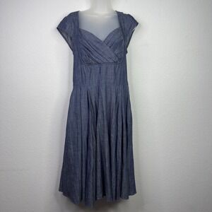 eShakti Dress Women L/12 Blue Cotton Chambray Fit and Flare Pleated Boho Cottage